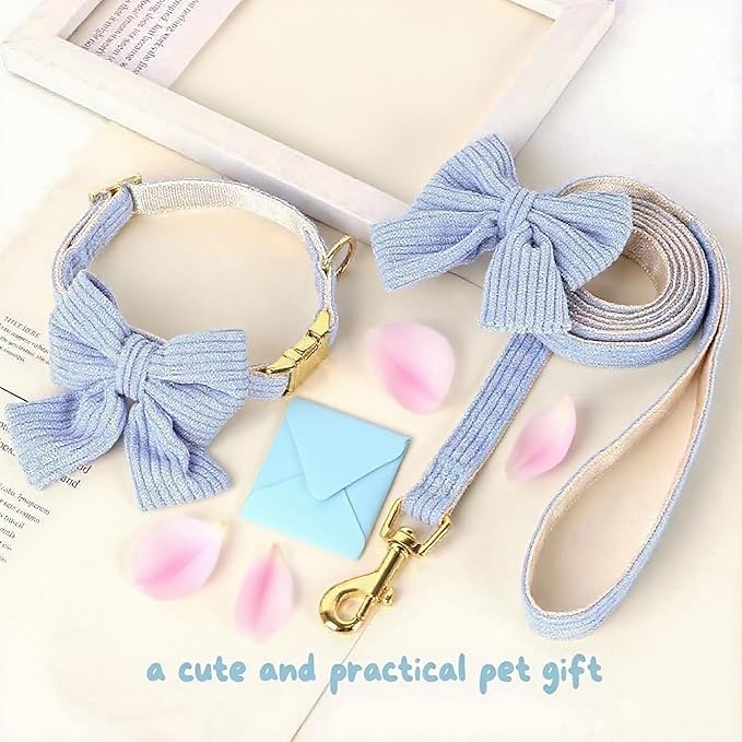 Dog Collar and Leash Set - Metal Buckle Adjustable Puppy Collar, Cute Dog Collar and Leash Set with Flower Bow Tie, Puppy Collar with 5 FT Leash, Soft & Comfortable Collar for Small Medium Dogs-M