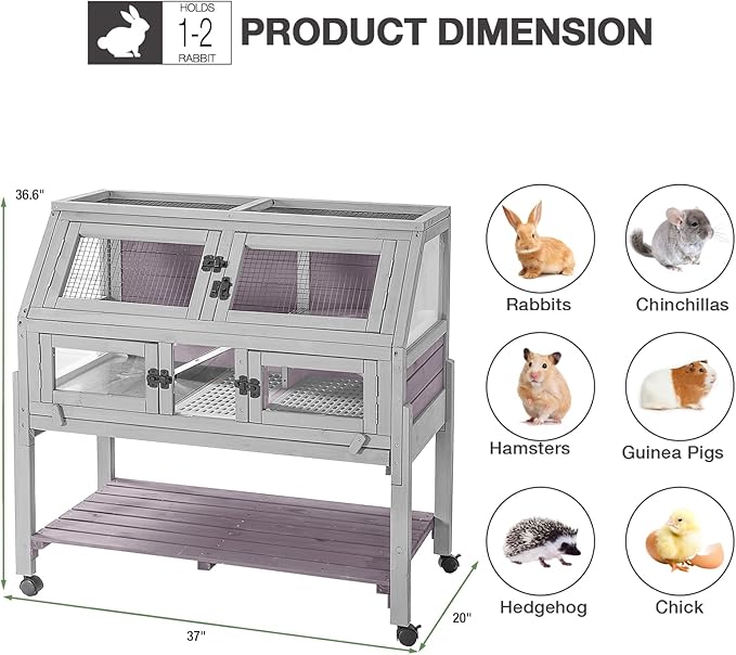 Large Guinea Pig Cages Indoor with Wheels, Wooden Rabbit Hutch with Plastic Floor and Zinc Cool Plate, Anti-Chewing Ramp, Small Animal Habitat with Leakproof Tray for Hamster, Chinchillas, Rats