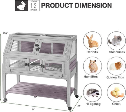 Large Guinea Pig Cages Indoor with Wheels, Wooden Rabbit Hutch with Plastic Floor and Zinc Cool Plate, Anti-Chewing Ramp, Small Animal Habitat with Leakproof Tray for Hamster, Chinchillas, Rats