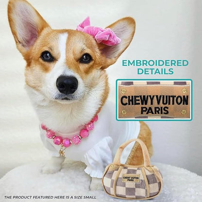 Haute Diggity Dog Checker Chewy Vuiton Handbag, Plush Designer Dog Toys with Interactive Squeaker, Stimulating Pet Enrichment, Machine-Washable & Safe Materials for All Breeds, Size XL