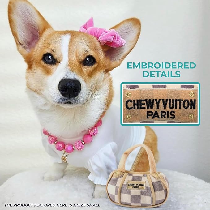 Haute Diggity Dog Checker Chewy Vuiton Handbag, Plush Designer Dog Toys with Interactive Squeaker, Stimulating Pet Enrichment, Machine-Washable & Safe Materials for All Breeds, Size Large