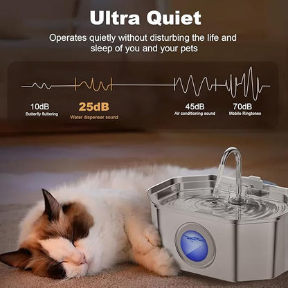 Cat Water Fountain Stainless Steel 108oz/3.2L, APAUK Automatic Pet Fountain Dog Water Dispenser with Water Level Window, Quiet Cat Fountain for Drinking, Inside with Replacement(1 Filters&1 Sponges)