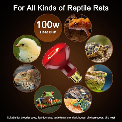 MISDOOD Red Reptile Heat Lamp Bulb 100W, Infrared Heat Emitter Red Heat Lamp for Reptile Amphibian, Infrared Basking Spot Light Bulb 2PCS