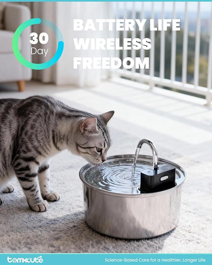 Wireless Cat Water Fountain - 108oz/3.2L Automatic Cat Water Fountain Cordless, Stainless Steel Battery Operated Pet Fountain Rechargeable Water Dispenser for Cats, Dogs, Multiple Pets