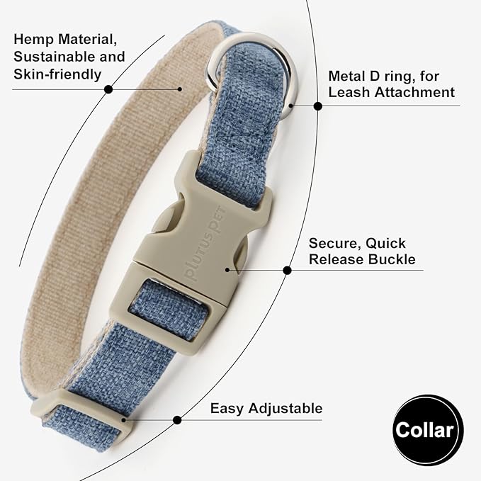 Plutus Pet Cotton Hemp Dog Collar and Leash Set, Adjustable Collar for Small, Medium, and Large Dogs, Heavy Duty and Soft on Skin, Haze Blue, XS