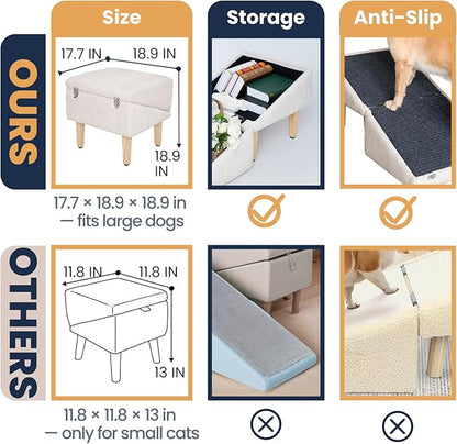 3-in-1 Dog Ramp with Storage – Pet Stairs for Dogs & Cats, Easy on Joints for Senior & Injured Pets, Hidden Storage Footstool, Anti-Slip, Supports 220 lbs, 18" High for Beds & Sofas