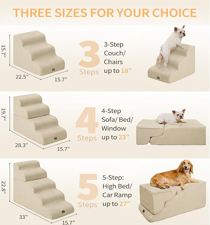 Made4Pets Dog Stairs Ramp for Small Dogs 15.7" H, 3-Step Dog Steps for Bed Couch Sofa and Chair, 35D Foam Pet Steps for Small Dogs and Cats, Non-Slip Bottom Pet Stairs, Beige