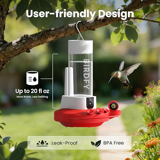 Birdfy Hummingbird Feeder with Dual Cameras - 2K HD Smart Cameras Solar Powered, Close-Up Bird Video/Live Watching & Instant Notifications, Ant Moat & Leakproof - 20oz (AI Lifetime)