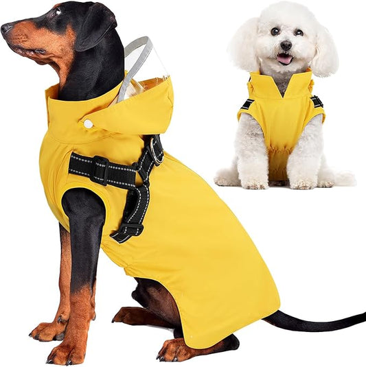 SlowTon Dog Raincoat Waterproof - Dog Rain Jacket with Harness and Hood Lightweight, Reflective Dogs Rain Coat for Large Medium Small Dogs Girl Boy Puppy Poncho Pet Clothes (Yellow, 3XL)