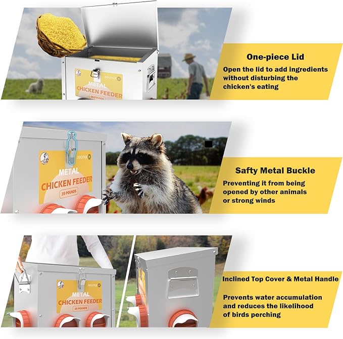 Automatic Chicken Feeder No Waste Metal Poultry Feeder Large Capacity 25lbs for Chickens, Geese, Ducks, Turkeys, Quails (4-Port)