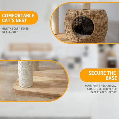 59" Big Modern Cat Tree Tower, Cat Tower Sisal-Covered Scratching Posts for Indoor Cats, Oak Wood Cat Tree for Large Cats, Multi-Level Cat Condo with Space Capsule Nest, Cat Furniture Activity Centre