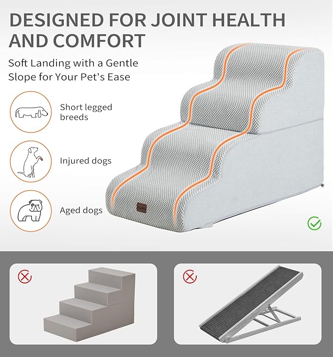Made4Pets Dog Stairs Ramp for Bed 19.7" H, 4-Step Dog Steps for High Bed Couch Sofa Climbing, 35D Foam Pet Steps for Small Dogs and Cats, Non-Slip Bottom Pet Stairs, Light Grey