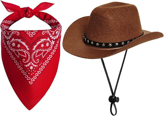 choyaxo Halloween Costumes for Dogs Cat Pet Cowboy Costume Cowboy Hat with Bandana Set for Halloween, Christmas, Holiday, Party, Cosplay (Brown, Large)