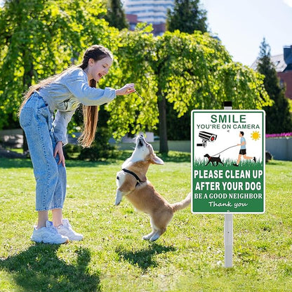 (2 Pack) Clean Up After Your Dog Signs, Please Pick Up After Your Dog Sign for Yard, No Pooping Dogs Signage -10x35 Heavy Duty Aluminum Weather Resistant and Easy to Install with Stake (Green)
