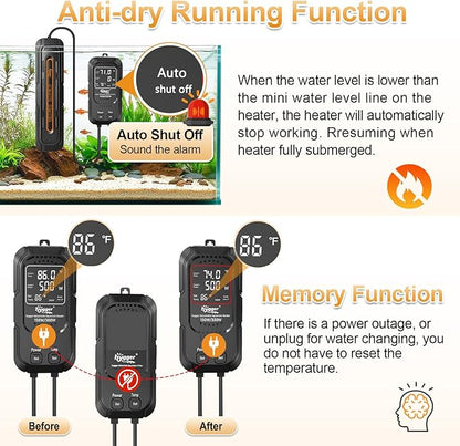hygger Aquarium Heater, 500W/1000W Adjustable Power Fish Tank Heater with Digital Display External Controller, Automatic Power-Off Protection Heater for 106-211 Gallons Freshwater and Saltwater Tank