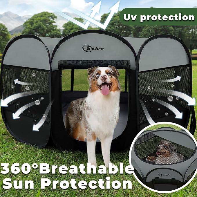 Dark Grey Puppy Playpen for Large Dog Cat, Dogs Tent Crates Cage Indoor/Outdoor, Portable Pop Up Dog Kennel with Carrying Bag for Rabbits, (Dark Grey, Large)