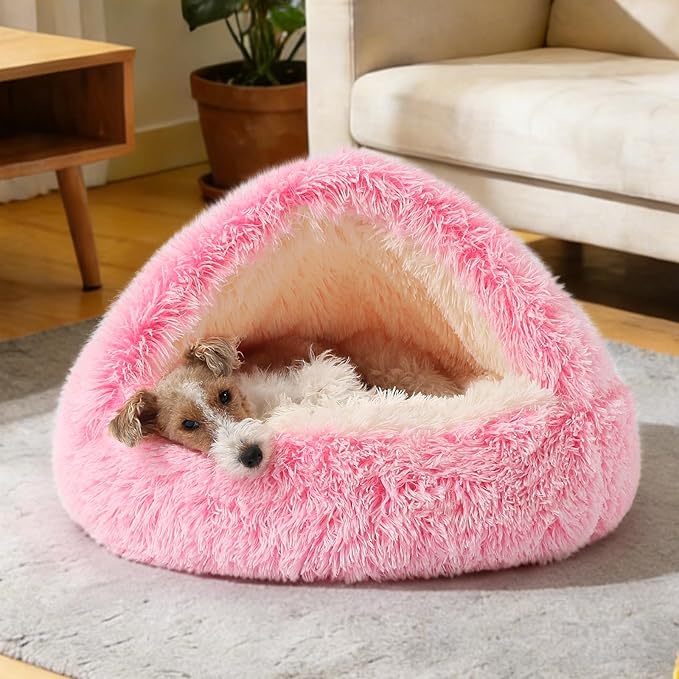 NOYAL Round Hooded Donut Dog Bed for Small & Medium Pets - Plush Fluffy Anti-Anxiety Cat Cave Bed with Cover