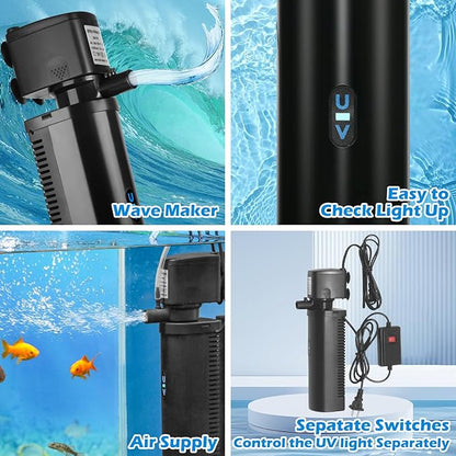 Small Pond Filter for 75-300 Gallon Tank, Aquarium U-V Filter Green Clean Machine Submersible Powerful Pump Canister Filter 600GPH for Fish Turtle Tank Saltwater Freshwater Crystal Clear Green Killing