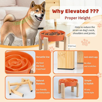 Elevated Slow Feeder Dog Bowl - Puzzle Maze Dish with Bamboo Stand - Raised Ceramic Food Bowl for Medium and Large Dogs - 8.8 Inch - Orange