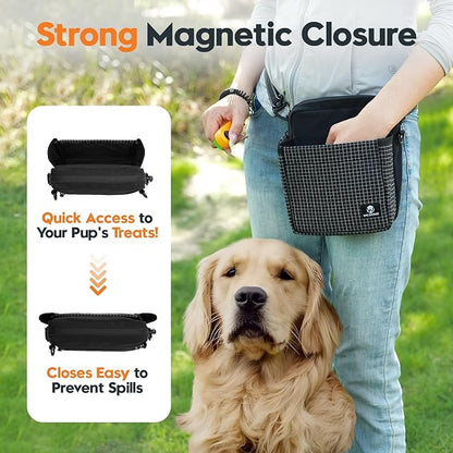 Dog Treat Pouch – Large Capacity with Magnetic Closure, Dog Walking Fanny Pack Built-in Poop Bag Dispenser, Clicker & Collapsible Bowl for Training & Walking - Black