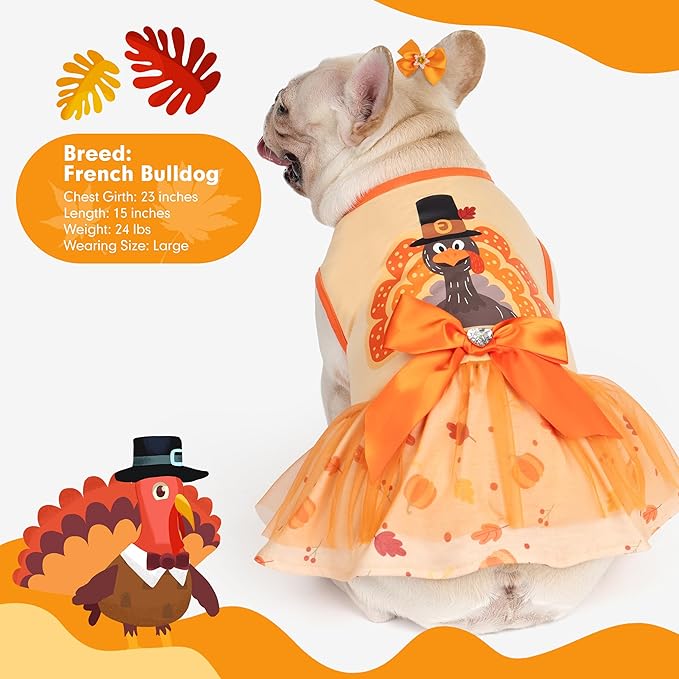 cyeollo Thanksgiving Day Dog Dress Turkey Small Dog Clothes Tulle Holiday Outfit Pet Dresses for Medium Large Dogs Girl, Size 2XL