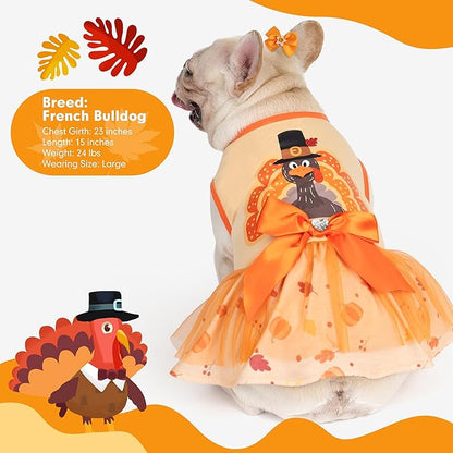 cyeollo Thanksgiving Day Dog Dress Turkey Small Dog Clothes Tulle Holiday Outfit Pet Dresses for Medium Large Dogs Girl, Size 2XL