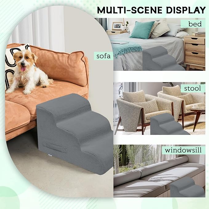 Dog Stairs & Steps for High Beds, 3 Steps High Density Foam Waterproof Dog Ramp for Small Dogs and Cats, Pet Stairs with Removable Washable Cover for Bed, Couch, Sofa and Car (H:16")