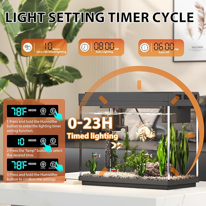 Vehipa Fish Tank, 2.4 Gallon Fish Aquarium, Fish Tank Starter kit with Smart Humidifier, Temperature Display, 7-Color Lighting, 3 in 1 Quiet Pump with Filteration & Oxygenation & Circulation