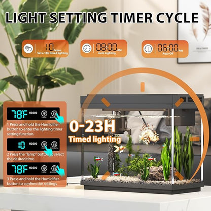 Vehipa Fish Tank, 2.4 Gallon Fish Aquarium, Fish Tank Starter kit with Smart Humidifier, Temperature Display, 7-Color Lighting, 3 in 1 Quiet Pump with Filteration & Oxygenation & Circulation