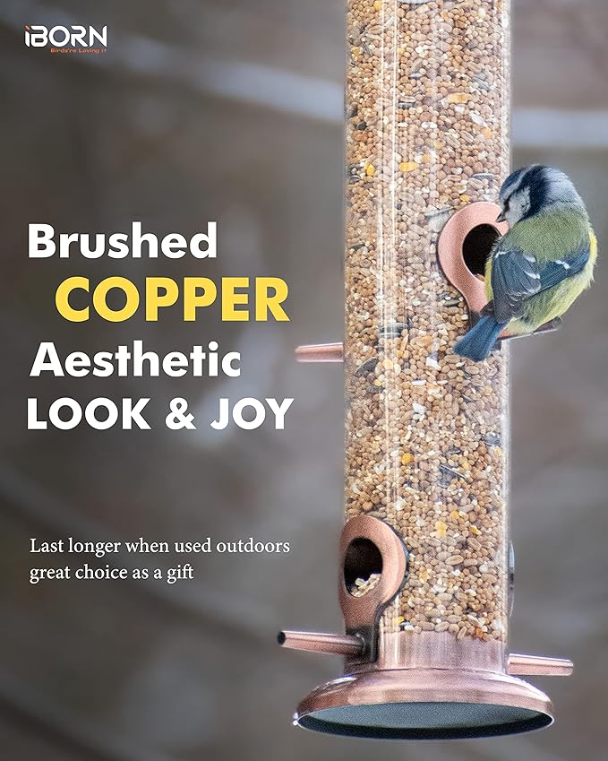 iBorn Metal Bird Feeders Metal Bird Feeder Copper for Outdoors Hanging All Copper Finishing 15 Inch 4Port(Seed is not Included)