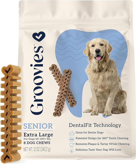 Groovies Slightly Softer, Yet Flexible Dental Chew for Senior Dogs & Delicate Chewers. Powered by USA-Patented DentalFit Tech. No Added Gluten, No Artificial Flavors or Colors. 12oz XLarge (8Chews)