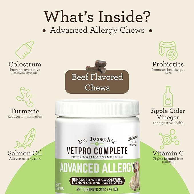 VetPro Advanced Allergy and Itch Support for Dogs - Supports Seasonal Allergies, Itchy Skin, & Immunity - Enhanced with Salmon Oil, Probiotics & Colostrum for Allergies, Immune Support, & Gut Health