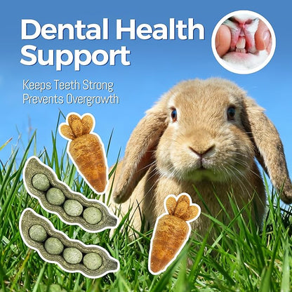 TEEWY 4PCS Guinea Pig Toys, Prevent Teeth Overgrowth, Natural Vegetables and Timothy Grass, Hamster Chew Toys, Chinchilla Toy, Peapod and Carrot Chew Toy Set