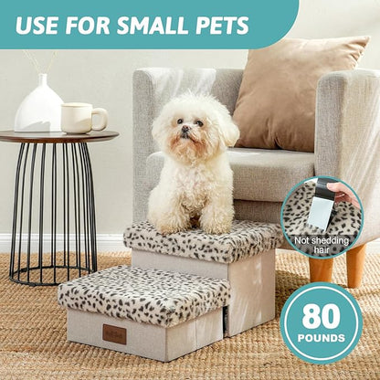 Dog Stair for Small Dogs with Storage, Foldable Pet Stairs for Medium or Puppy Dogs and Older Cats, Dog Steps for Bed or Couch with Soft Cover, 19.7x13x9.6 inch, 2 Tiers, Leopard