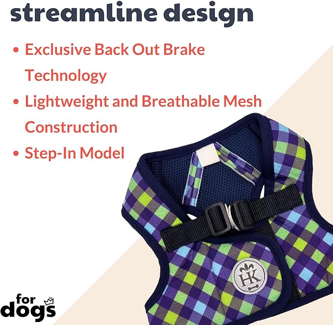 Huxley & Kent Hudson Walking & Training Harness - Blue/Green Check (Large, 22-35lbs) - Easy Control Step-in Mesh Vest Harness with Reflective Strips for Safety - H&K