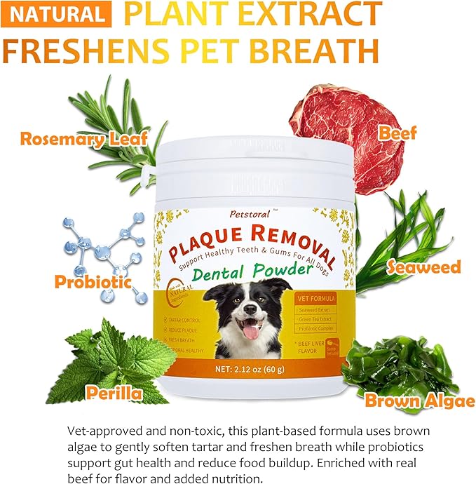 Dental Cleaning Kit, Dental Care Wipes to Clean Plaque on The Surface of The Teeth, Beef Liver Flavour Dental Powder with Probiotic to Solve Oral Problems from The Inside of Digestion