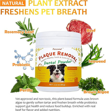 Dental Cleaning Kit, Dental Care Wipes to Clean Plaque on The Surface of The Teeth, Beef Liver Flavour Dental Powder with Probiotic to Solve Oral Problems from The Inside of Digestion