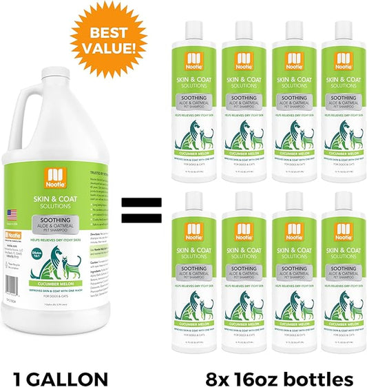 Nootie Aloe&Oatmeal Pet Shampoo for Sensitive Skin-Long lasting Cucumber Melon Shampoo-Helps Relieve Dry Itchy Skin for Dogs&Cat-Natural Ingredient-Soap Paraben&Sulfate Free-Cleans Conditions-1 Gallon