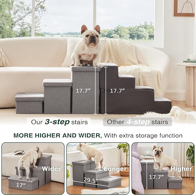 Love's cabin Dog Stairs for High Bed 18"H,Foldable Pet Stairs for Small Medium or Large Dogs Puppy with Storage for Bed or Couch, Cat Dog Steps Ramp with Zip up to 200 lbs(Solid Grey,3 Steps no Condo)