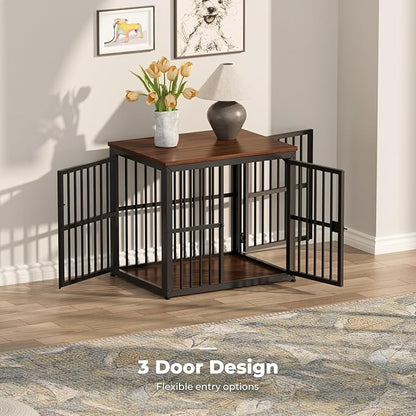 Lyromix 27'' Dog Crate Furniture with 3 Doors,Wooden Crate End Table Heavy Duty Indoor Puppy Cage for Small Dogs, Multiple Units Can be Combined, Walnut
