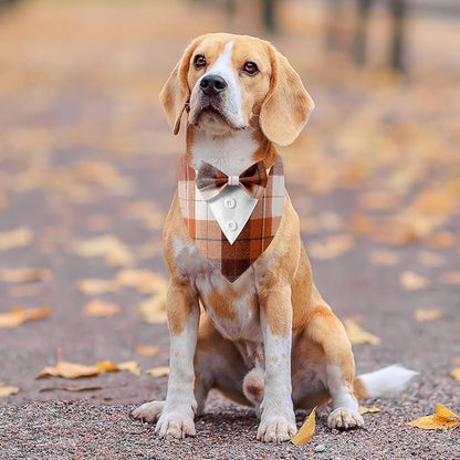 HDGDT Fall Dog Tuxedo Bandana, Orange Plaid Pet Collar with Bowtie, Adjustable Halloween Thanksgiving Dog Tux Costume for Small to Extra Large Pets