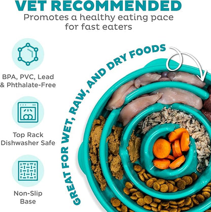 Outward Hound Large Slow Feeder Bowl, Puzzle Maze for Fast Eaters, Medium to Large Dogs, Helps Prevent Bloat & Aid Digestion, Holds 4 Cups Wet or Dry Food, Non-Slip, Made Without BPA, Turquoise