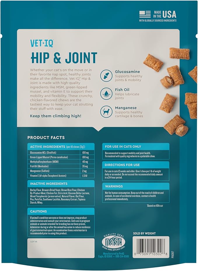 VetIQ Cat Hip & Joint Supplement, Chicken Flavored Cat Supplement with Glucosamine and Green Lipped Mussel for Mobility and Arthritis Support, 3.7oz