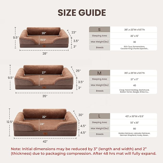 XL Orthopedic Dog Beds for Large Dogs, Waterproof Egg-Crate Foam Pet Couch Bed with Soft Sides, Non-Slip Dog Sofa with Fleece Removable Washable Cover, 42" L Supportive Pet Sofa, Brown