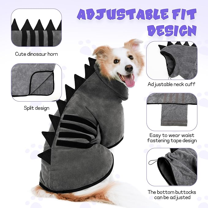 Super Absorbent Dog Bathrobe, Microfiber Bath Robe Towel for Fast Drying, Cozy Fit, Adjustable Belly Strap, Unique Dinosaur Design Dog Drying Coat for Bath, Rainy Walks & Cold Weather