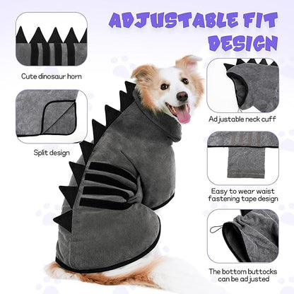 Super Absorbent Dog Bathrobe, Microfiber Bath Robe Towel for Fast Drying, Cozy Fit, Adjustable Belly Strap, Unique Dinosaur Design Dog Drying Coat for Bath, Rainy Walks & Cold Weather