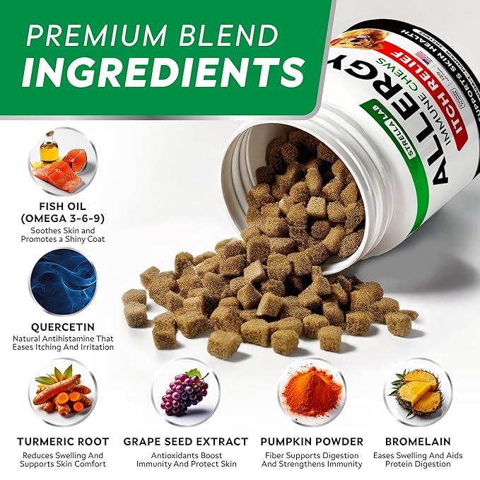 StrellaLab Dog Allergy Relief & Anti Itch Support Chews w/Omega 3: Real Ingredients, Real Taste! Skin & Coat Immune Supplement w/Fish Oil, Pumpkin & Enzymes — Developed by Experts - Made in USA -240Ct