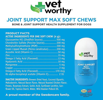 Vet Worthy Joint Support Max Soft Chews - Bone and Joint Supplement for Dogs - Rich in Glucosamine Chondroitin for Dogs & MSM - Formulated for Stiffness, Mobility, and Cartilage Protection – 60 Count