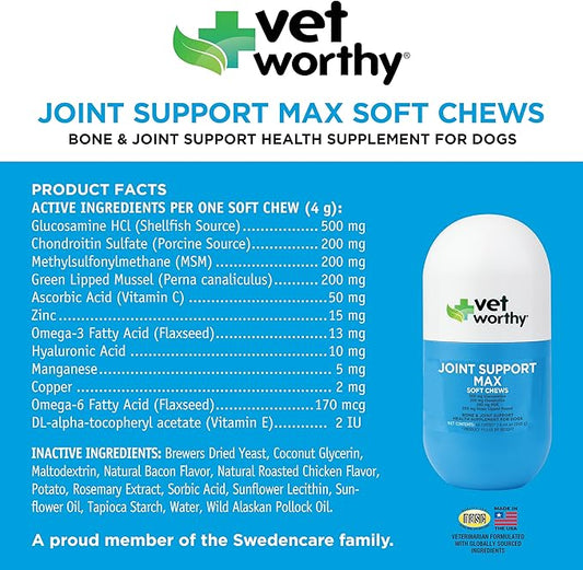 Vet Worthy Joint Support Max Soft Chews - Bone and Joint Supplement for Dogs - Rich in Glucosamine Chondroitin for Dogs & MSM - Formulated for Stiffness, Mobility, and Cartilage Protection – 60 Count