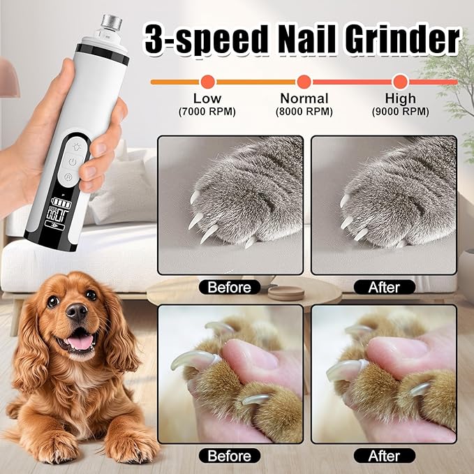 Upgrade Dog Cat Nail Grinder Cordless with LED Light & 3 Speeds, Dog Cat Nail Trimmer with 2000mAh Long-Lasting Battery for Thick Nails (1+1*Replacement Head)